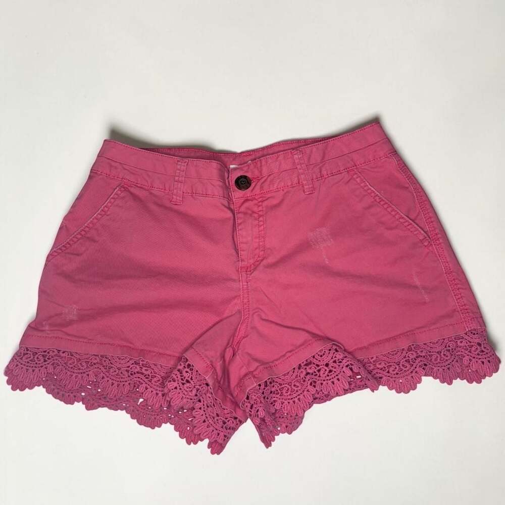 Maurices Pink Denim Lace Hem Distressed Shorts 7/8